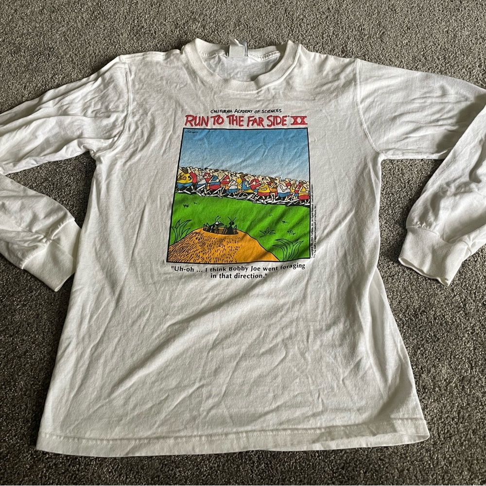2004 Gary Larson Far Side Long Sleeve Comic Strip T Shirt Size Small White USA